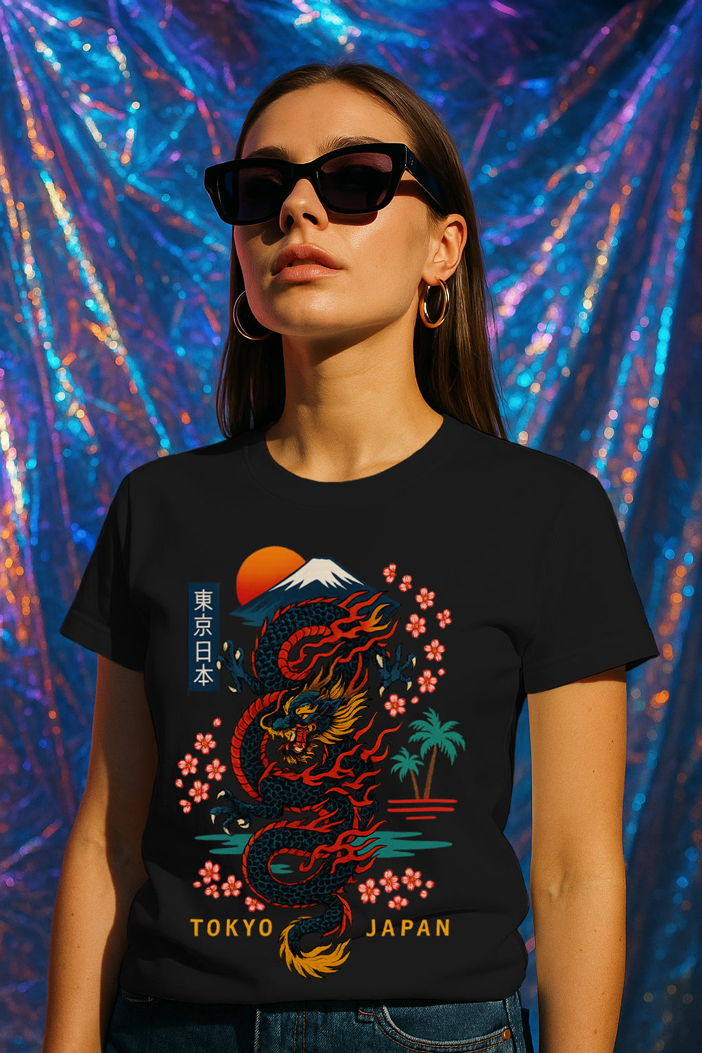 Tokyo Dragon Women’s Graphic T-Shirt – Japanese Streetwear, Mount Fuji & Sakura