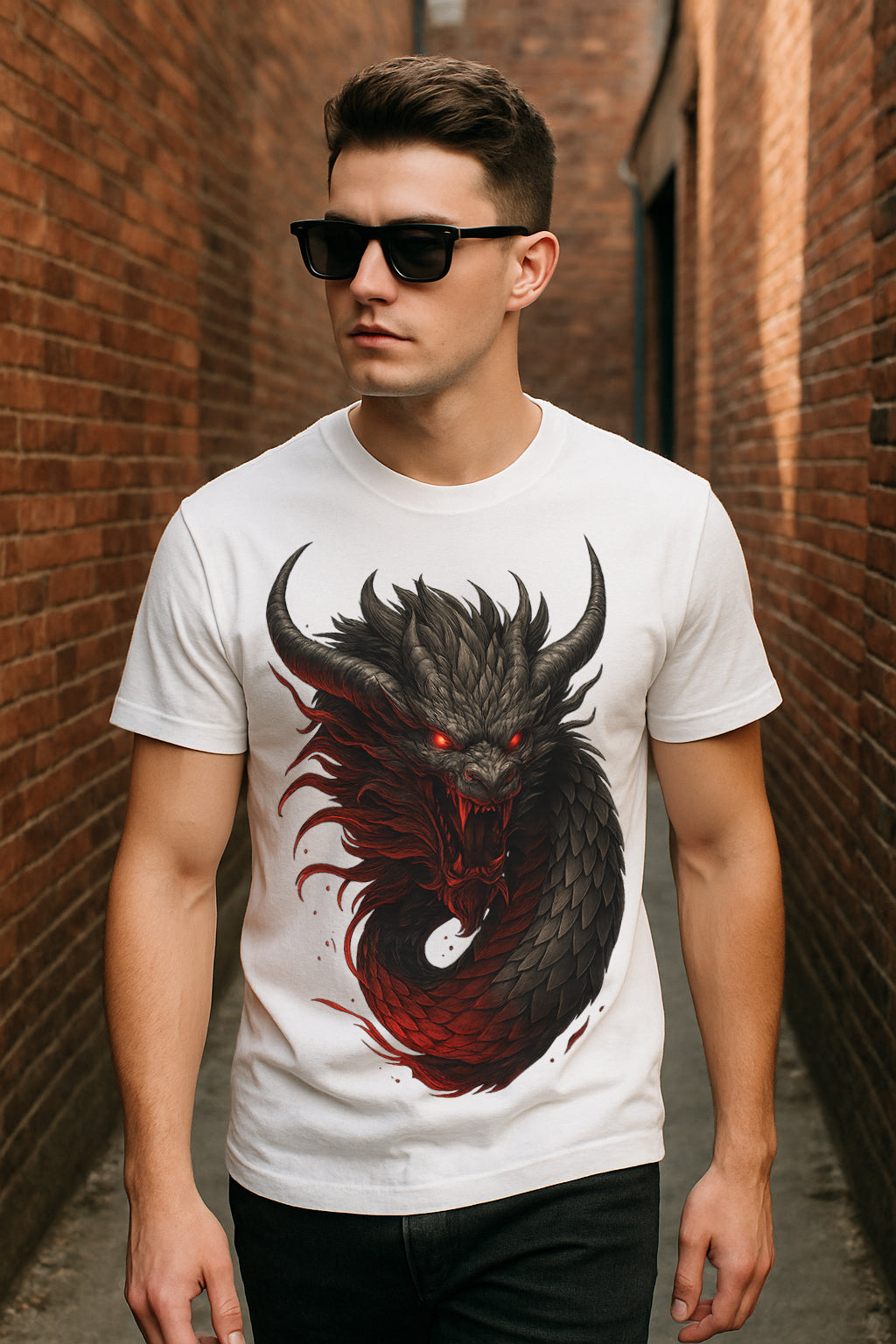 “Infernal Dragon” Red-Eyed Serpent Graphic T-Shirt – Dark Fantasy Streetwear, 100% Cotton Regular Fit Tee