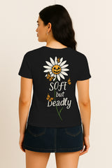 Soft But Deadly Daisy Women’s Graphic T-Shirt – Cute Goth Floral, Butterfly & Pumpkin Aesthetic | 100% Cotton Regular Fit