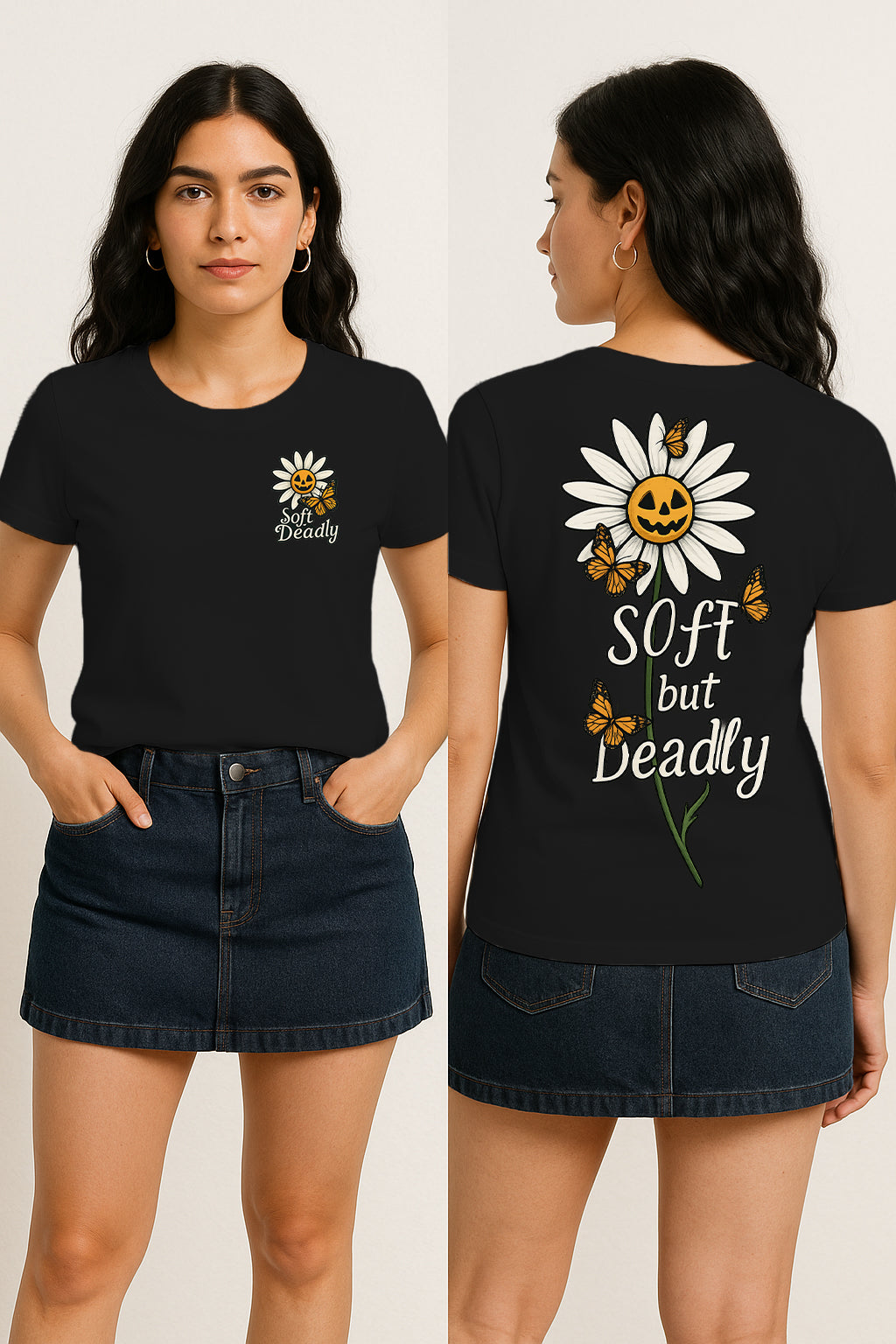 Soft But Deadly Daisy Women’s Graphic T-Shirt – Cute Goth Floral, Butterfly & Pumpkin Aesthetic | 100% Cotton Regular Fit