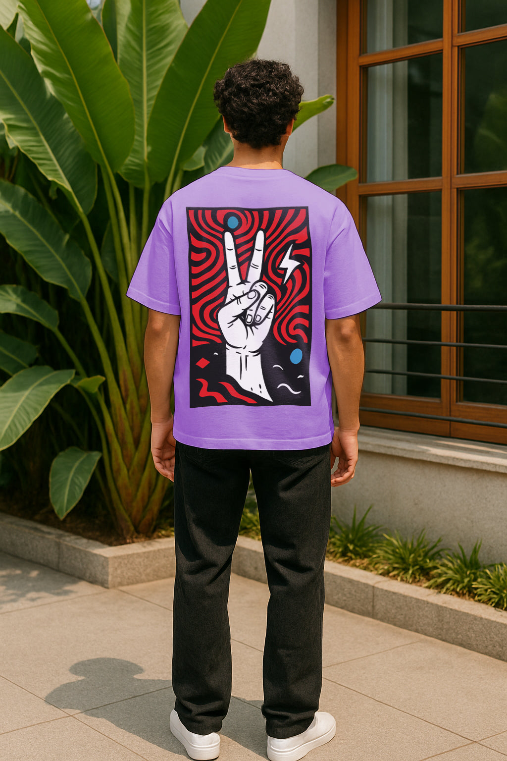 All Seeing Eye & Peace Hand Graphic Oversized Streetwear T-Shirt | Trendy Artistic Print Tee for Men