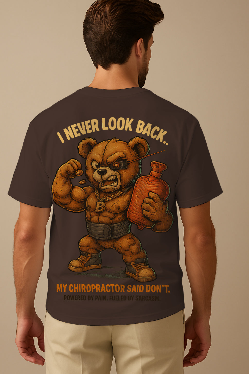 Oversized I Never Look Back Graphic T-Shirt – Powered by Pain Bear | Premium 240 GSM Cotton Streetwear Tee for Men