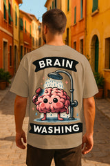 Oversized Brain Washing Graphic T-Shirt – Premium 240 GSM Cotton Streetwear Tee | Funny Cartoon Brain Design for Men