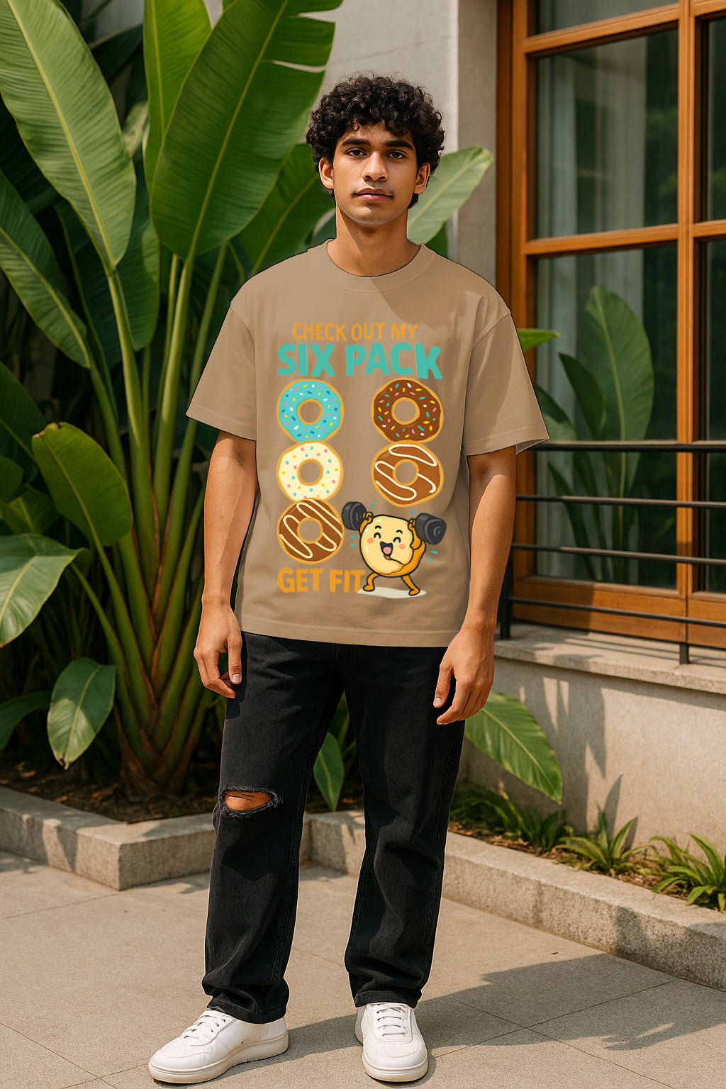 Oversized Six Pack Donut Graphic T-Shirt – Premium 240 GSM Cotton Streetwear Tee | Funny Get Fit Design for Men