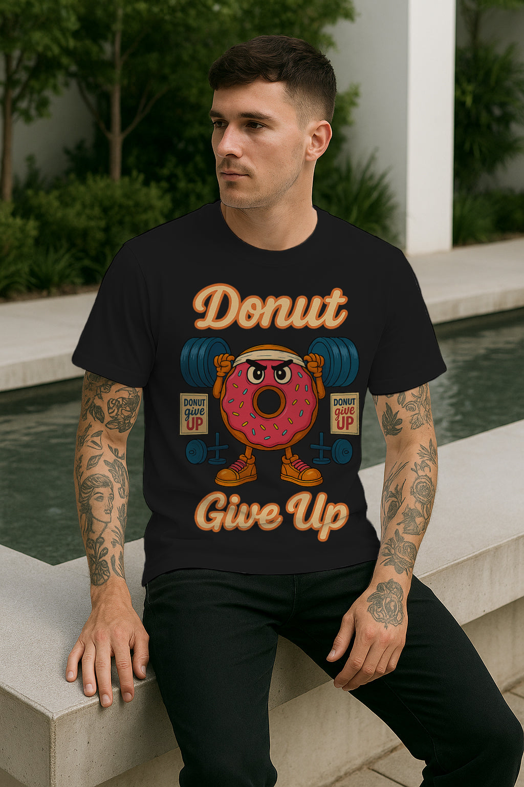 Donut Give Up Gym Graphic T-Shirt | Motivational Fitness Tee, 100% Cotton Regular Fit