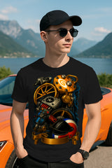 Racer’s Garage Graphic T-Shirt | Motorsport Helmet & Gears, 100% Cotton Regular Fit