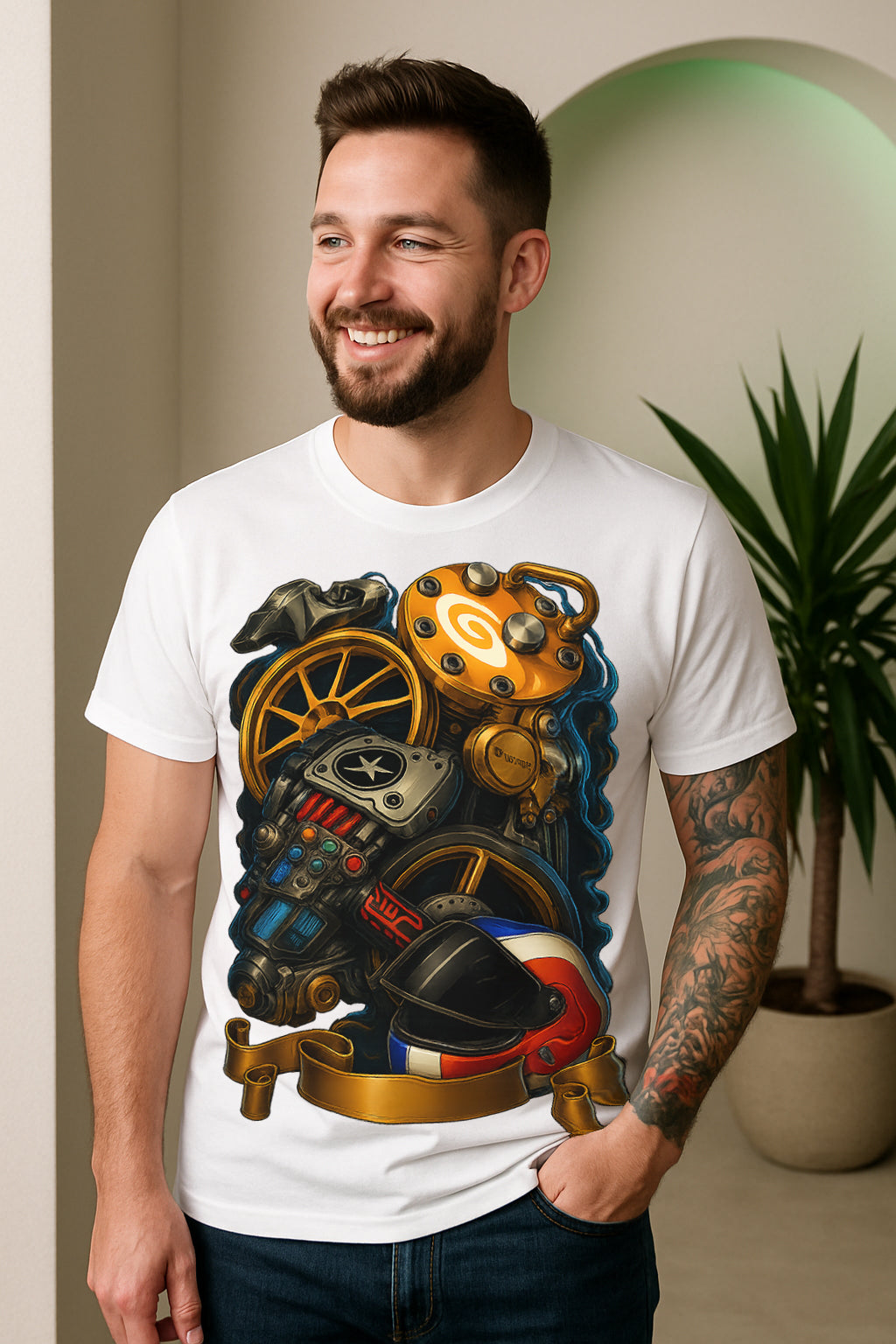 Racer’s Garage Graphic T-Shirt | Motorsport Helmet & Gears, 100% Cotton Regular Fit