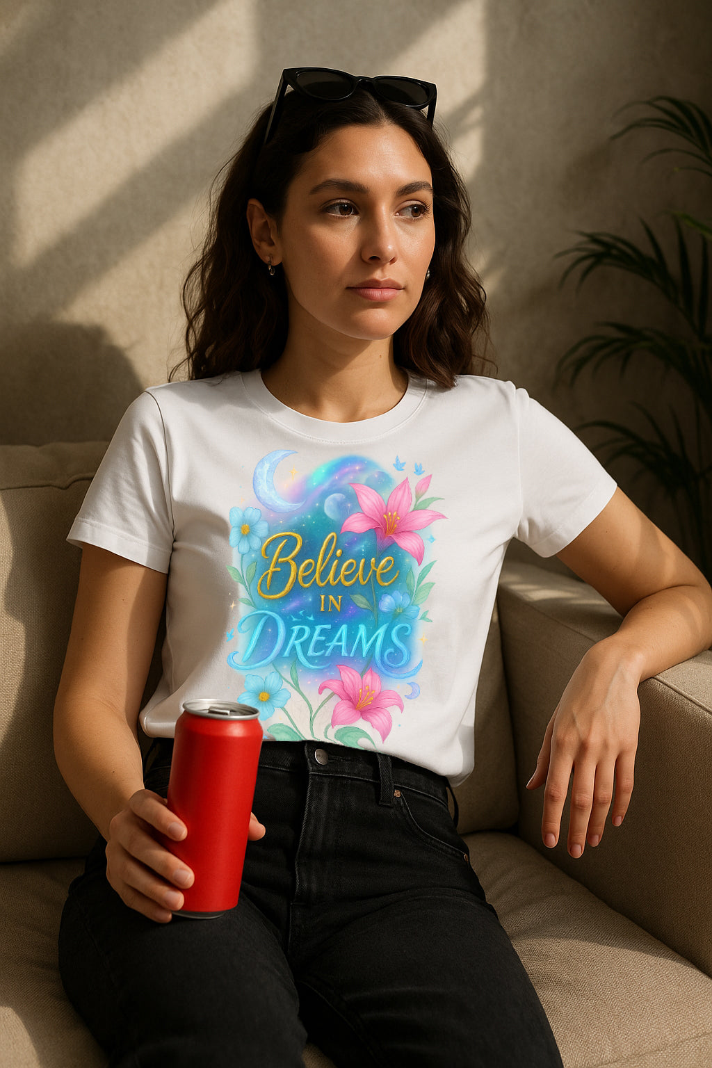 Women’s “Believe in Dreams” Inspirational Graphic Tee | Moon & Flowers Aesthetic T-Shirt