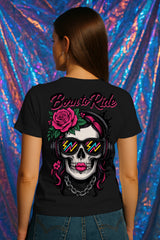 Biker Skull Women’s T-Shirt – Born to Ride Graphic, Headphones & Rose Art