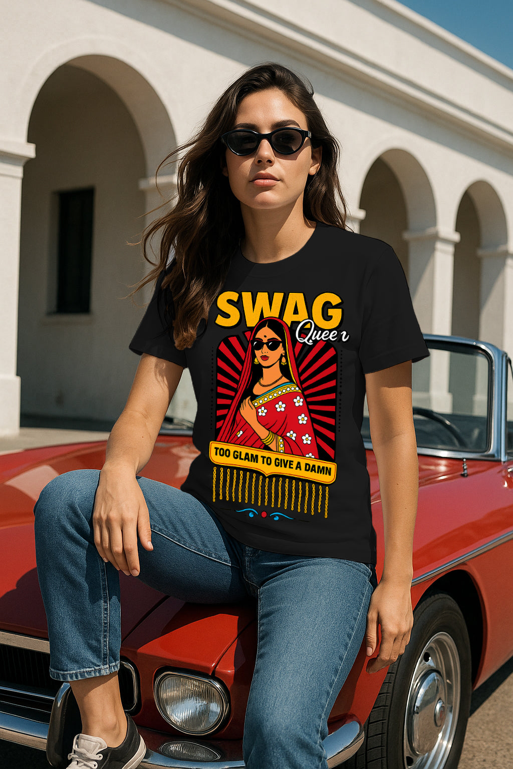 Swag Queen Women’s Graphic T-Shirt – Desi Pop Art Saree Diva, “Too Glam to Give a Damn” Quote Tee