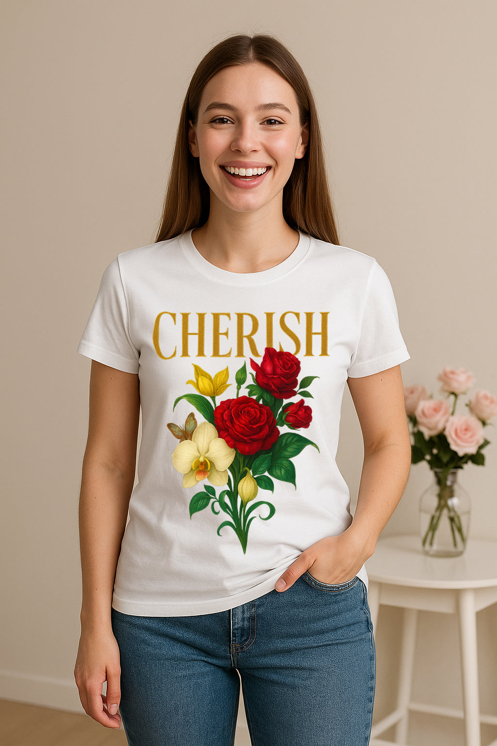 Cherish Floral Graphic T-Shirt for Women – Roses & Orchid Bouquet Quote Tee