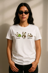 Sleep Eat Repeat Panda Graphic T-Shirt for Women – Cute Kawaii Bamboo Meme Tee