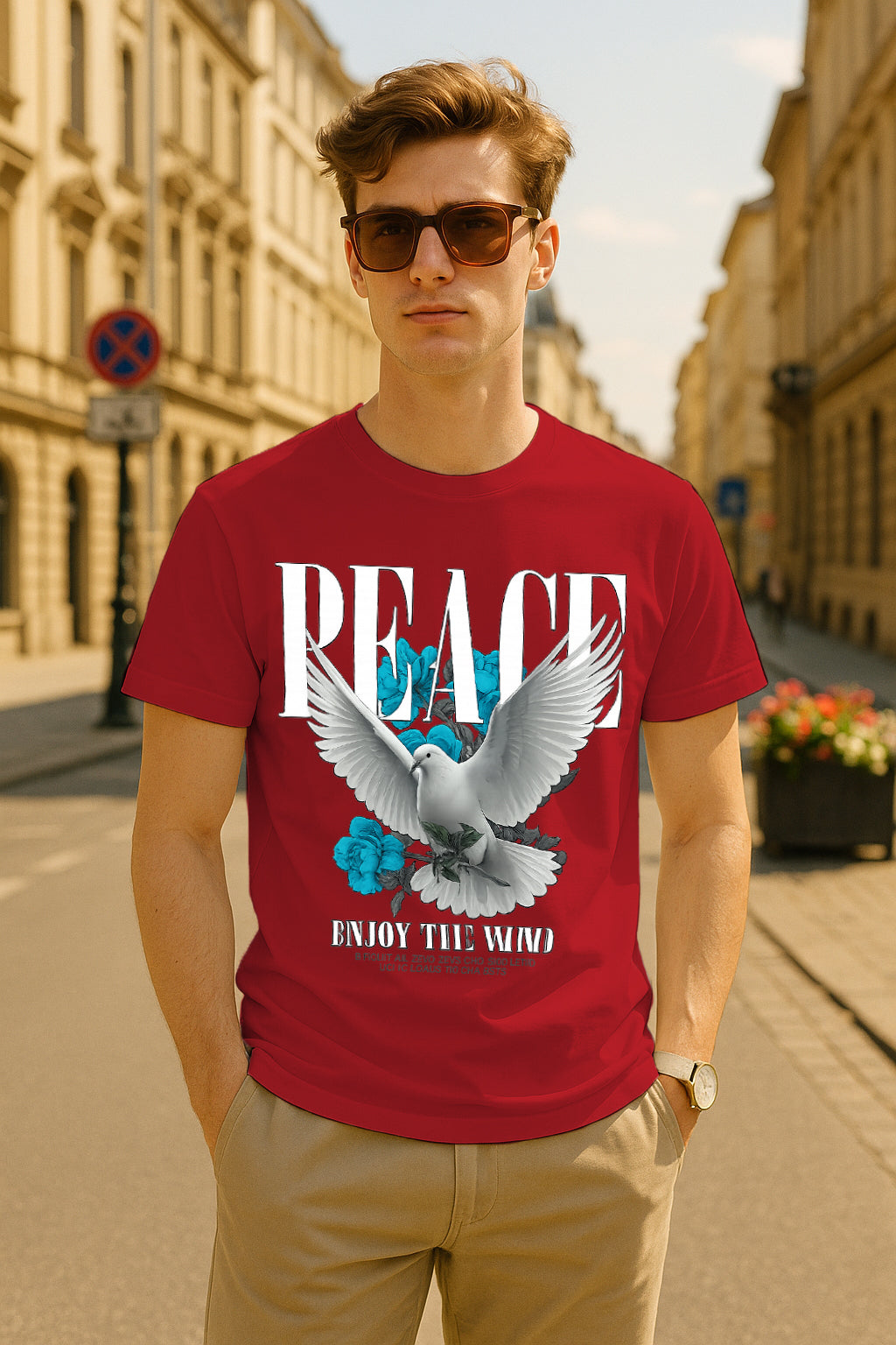 Regular Fit Peace Dove Graphic T-Shirt | “Enjoy the Wind” Print, 100% Cotton