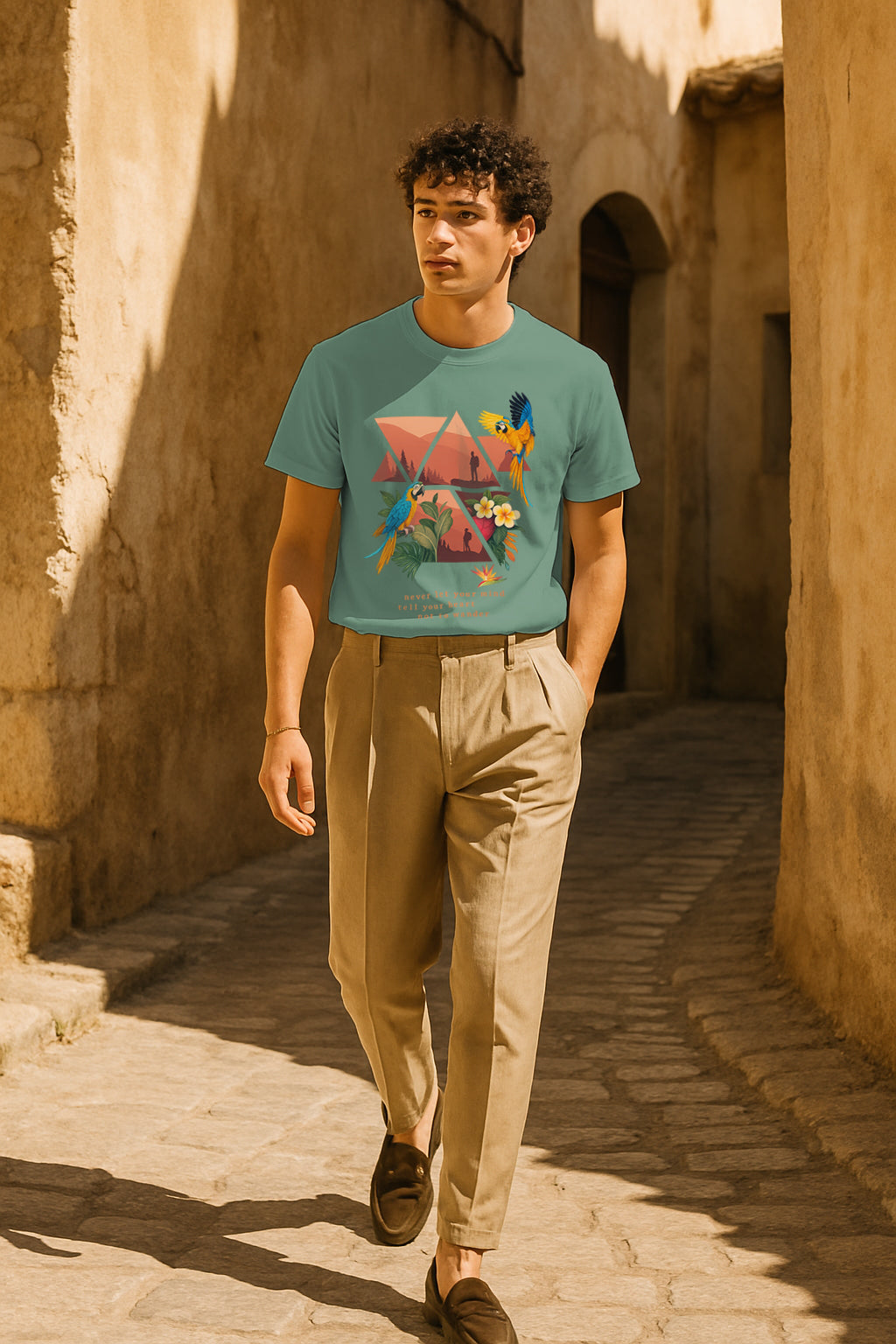 Wander Free Parrot Graphic T-Shirt | Travel Quote Tee, 100% Cotton Regular Fit