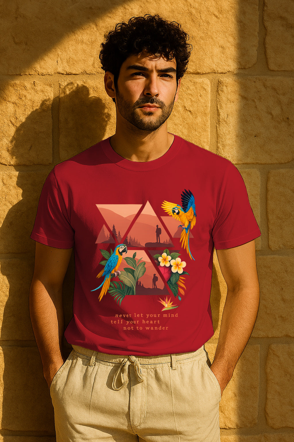 Wander Free Parrot Graphic T-Shirt | Travel Quote Tee, 100% Cotton Regular Fit