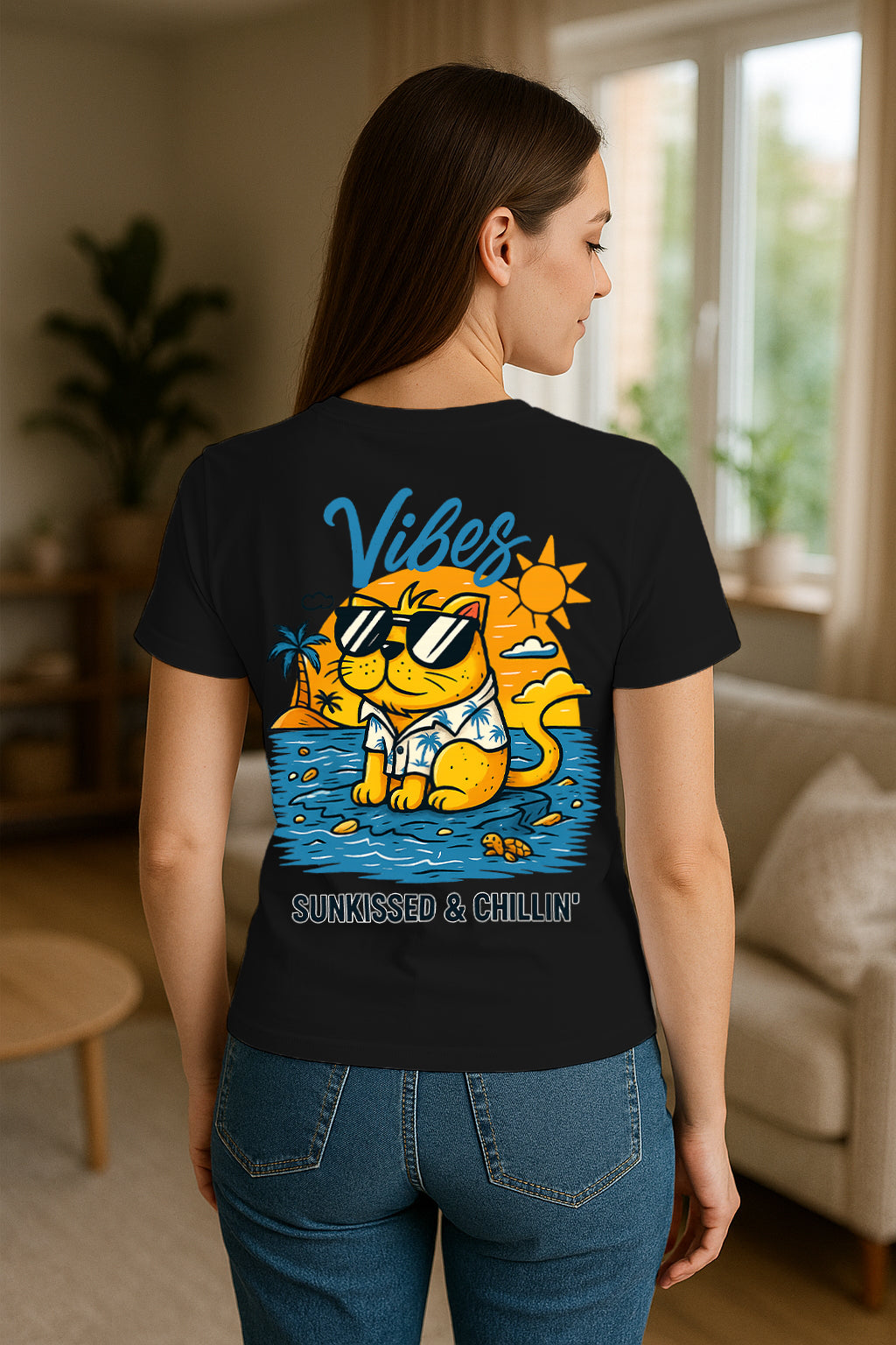Vibes Sunkissed & Chillin’ Cat Graphic T-Shirt for Women – Beach Summer Streetwear Tee