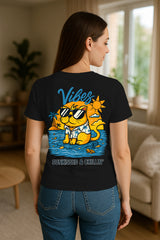 Vibes Sunkissed & Chillin’ Cat Graphic T-Shirt for Women – Beach Summer Streetwear Tee