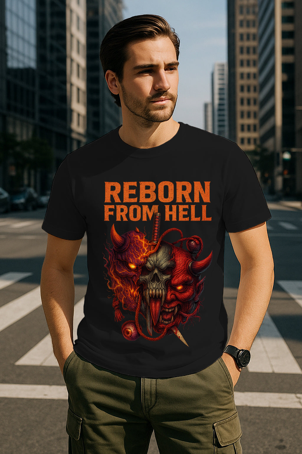 Demon Skull Reborn From Hell Graphic T-Shirt | Oni Mask Streetwear, 100% Cotton Regular Fit