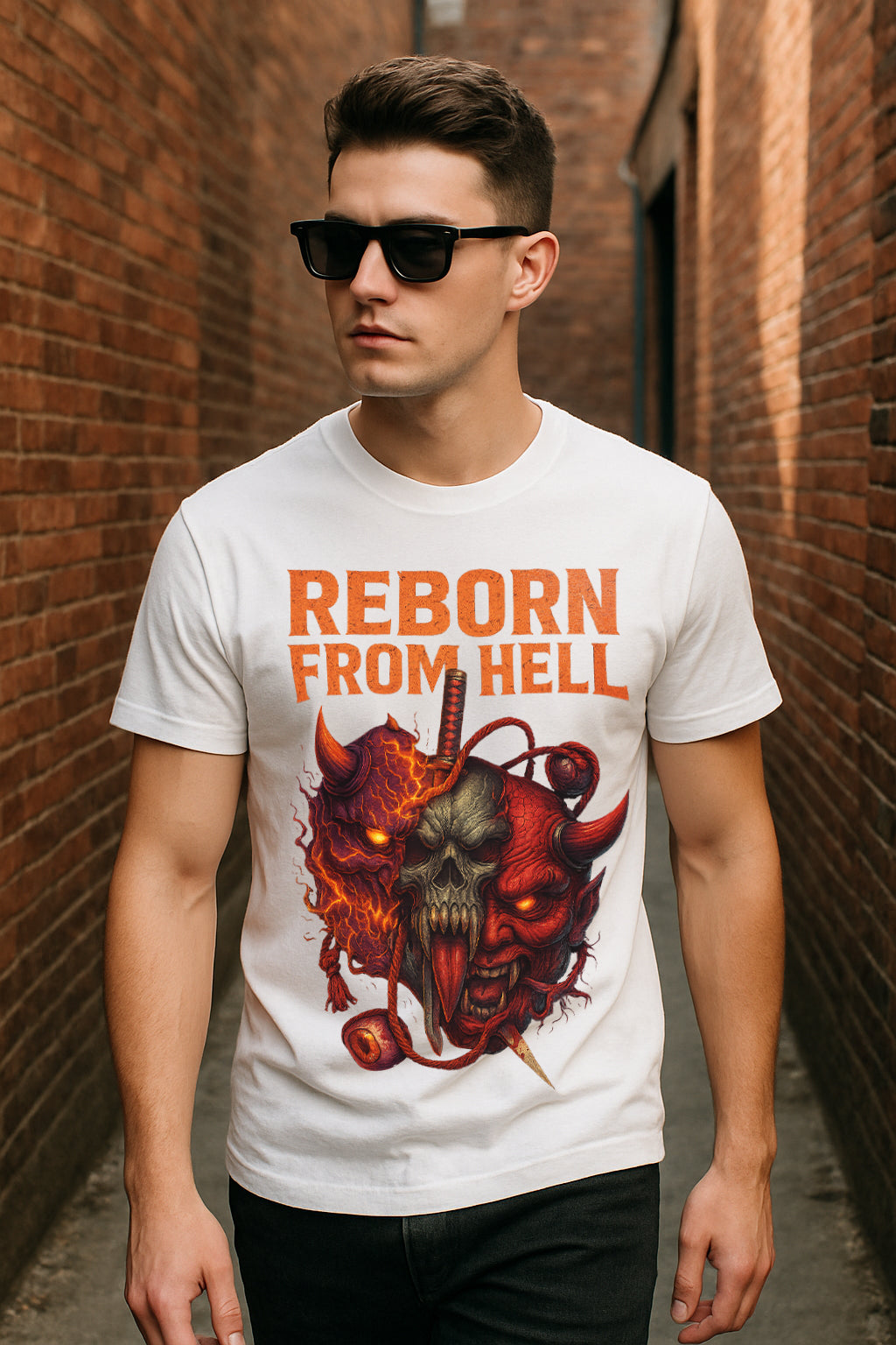 Demon Skull Reborn From Hell Graphic T-Shirt | Oni Mask Streetwear, 100% Cotton Regular Fit