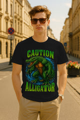 Regular Fit Caution Alligator Graphic T-Shirt | Retro Monster Gator Tee, 100% Cotton