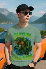 Regular Fit Caution Alligator Graphic T-Shirt | Retro Monster Gator Tee, 100% Cotton