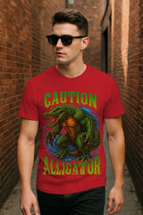 Regular Fit Caution Alligator Graphic T-Shirt | Retro Monster Gator Tee, 100% Cotton