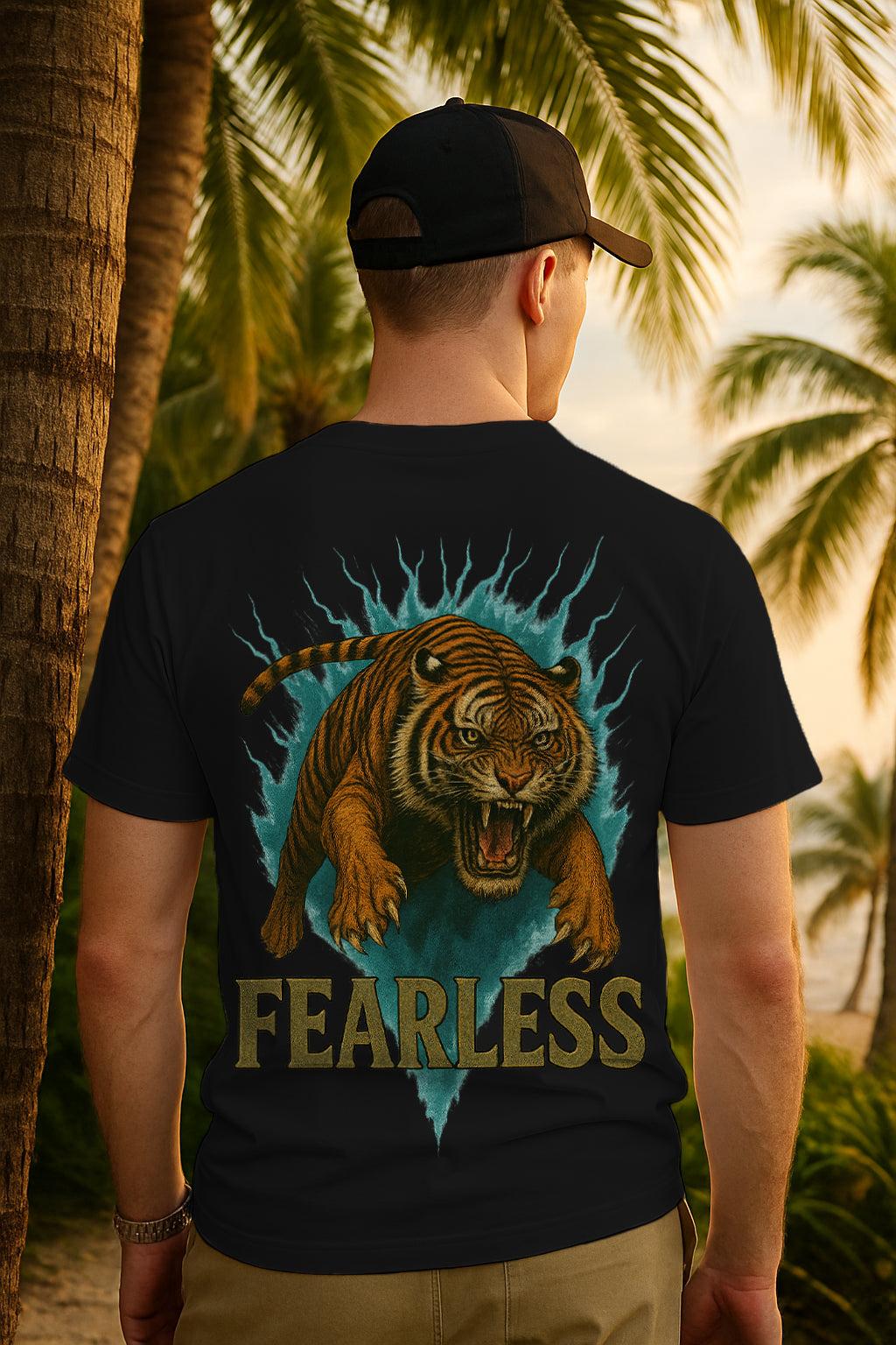 Regular Fit Fearless Tiger Back-Print Graphic T-Shirt | Vintage Jungle Cat Art, 100% Cotton