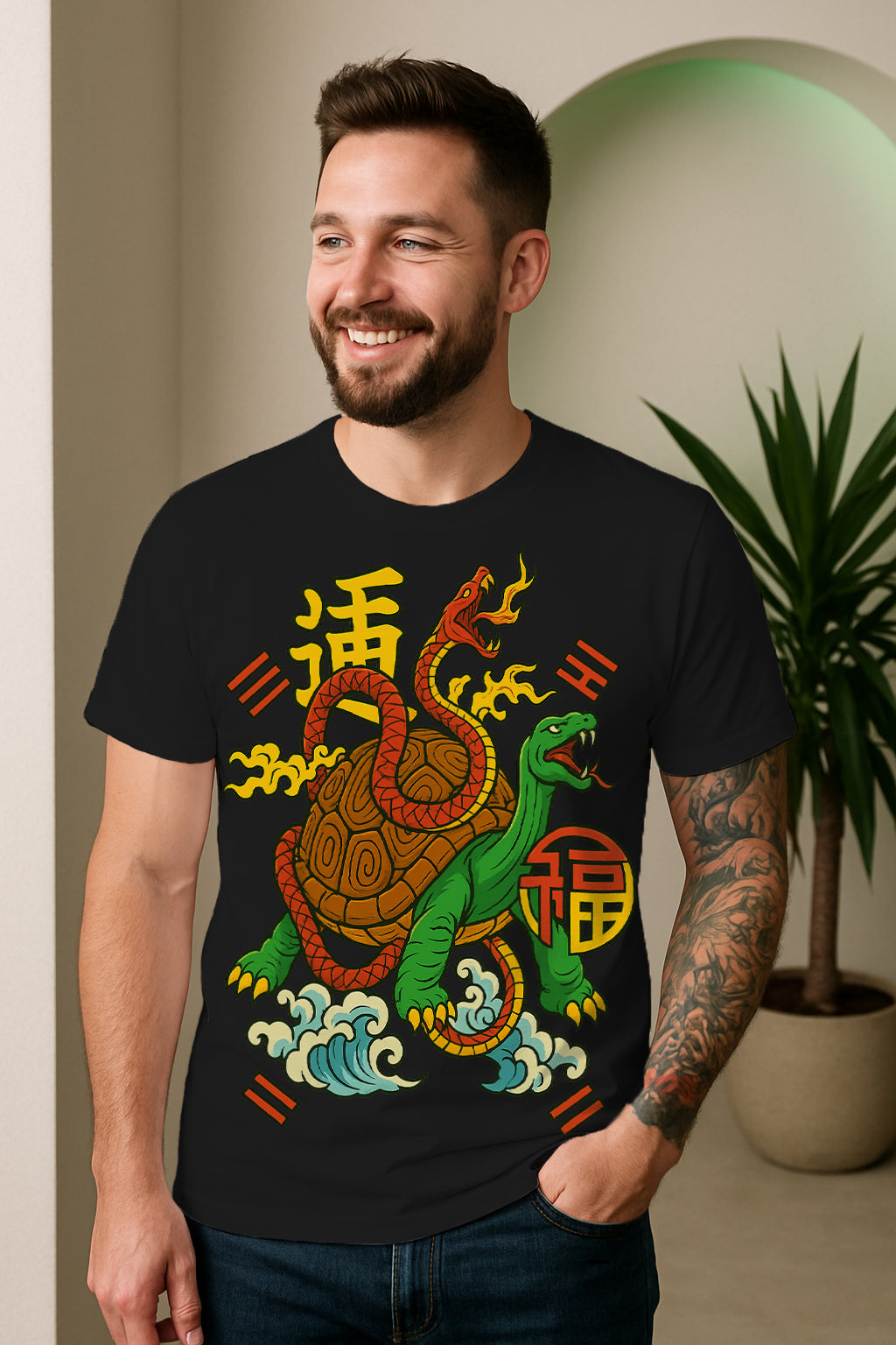 Chinese Guardian Tortoise & Snake Tee – Xuanwu Lucky Artwork, Regular Fit Cotton