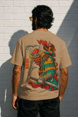 Flame Samurai Oversized Graphic T-Shirt – 240 GSM Terry Cotton (Japanese Back Print)