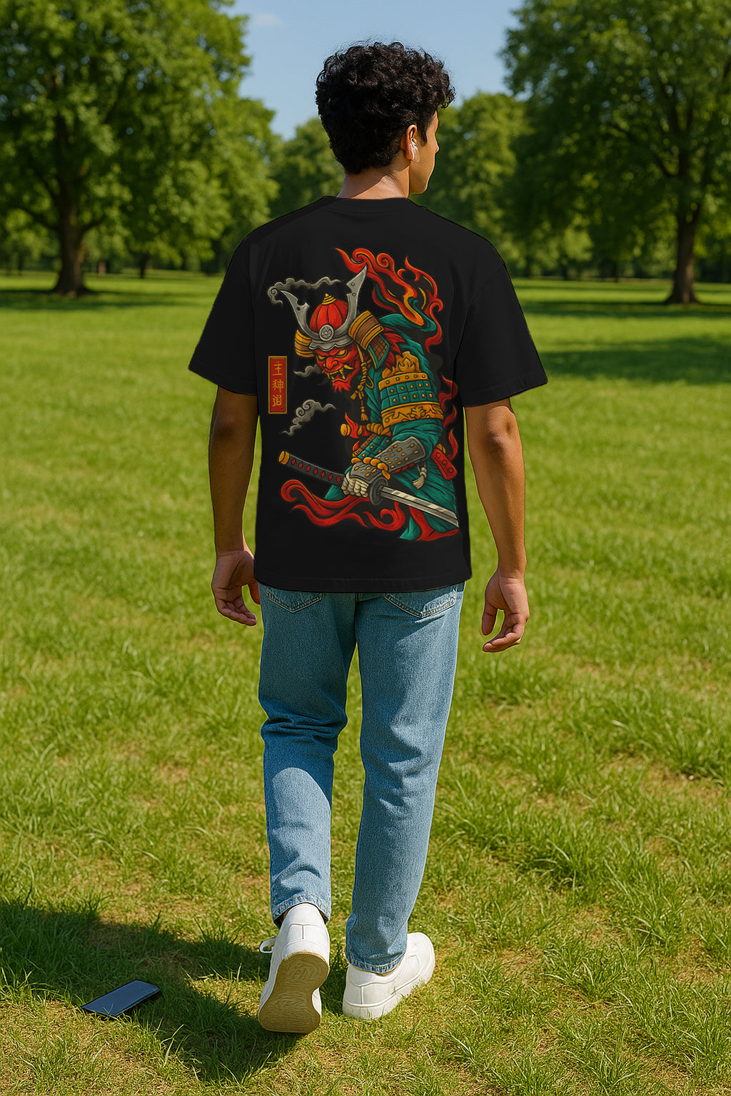 Flame Samurai Oversized Graphic T-Shirt – 240 GSM Terry Cotton (Japanese Back Print)