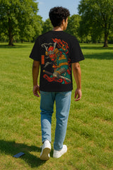 Flame Samurai Oversized Graphic T-Shirt – 240 GSM Terry Cotton (Japanese Back Print)